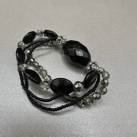 Beaded Stretch Bracelet Black Faceted Multi Strand Rhinestone Acrylic Chunky - Picture 5 of 11